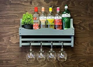 Wooden Grey Gin Bottle and 4 Balloon Glass holder - Wall Mounted Display (4GGR)(EM)