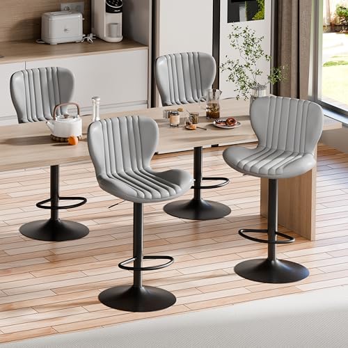 Image of Shintenchi Bar Stools Set of 4 Modern Swivel Bar Chairs, Counter Height Faux Leather Metal Barstools, Upholstered Island Chairs with Back and Footrest, Gray