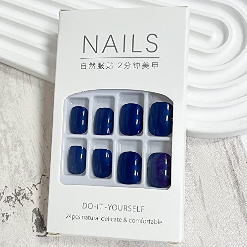 24 Pcs Press On Nails Short, Glossy Glue On Nails Square Shaped Fake Nails Full Cover Acrylic Nails Exquisite Navy Blue Press On Nails Solid Color False Nails For Women And Girl Manicure Decorations #TOP5