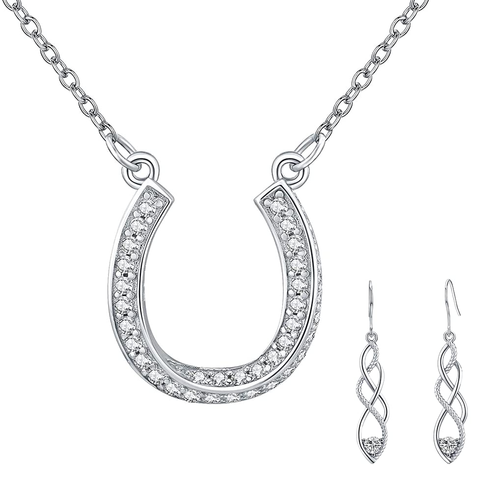 Horseshoe Necklace, Celtic Knot Drop Earrings, Sterling Silver Pendant with Chain, Sterling Silver Dangle Earrings, Fashion Charm Pendant with Zircon, Good Luck Jewelry Set Gift for Women Girls
