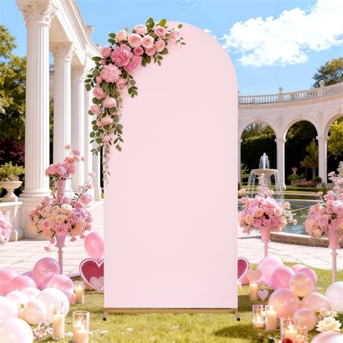 Image of SoarDream Pink Arch Backdrop Cover Spandex Fitted 5FT Pink Wedding Arch Covers Balloon Round Top Chiara Arch Backdrop Fabric for Bridal Shower Wedding Birthday Party Stage Decoations