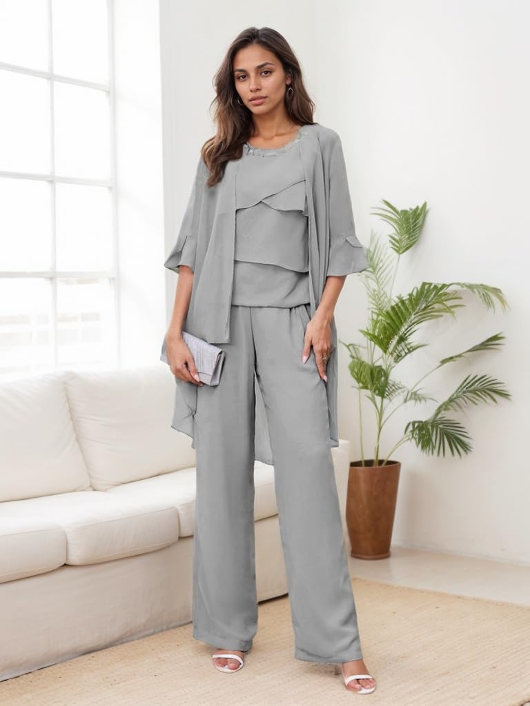 Conjunto de pantalones para madre de la novia, conjunto de 3 piezas de gasa para boda, formal, vestido de noche para mujer
