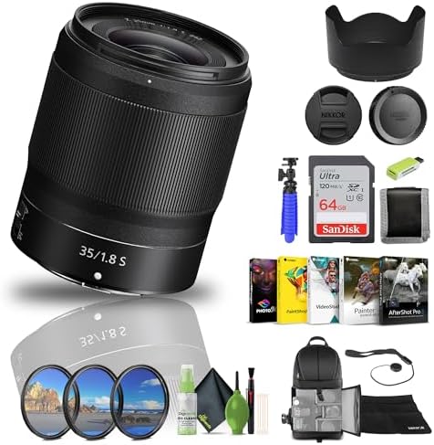 NIKKOR Z 35mm f/1.8 S Lens for Nikon Z Cameras (20081) + 64GB Memory Card + Filter Kit + Backpack + Card Reader + Corel Photo Software + Flex Tripod + Memory Wallet + Cap Keeper + Cleaning Kit
