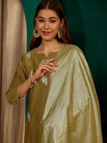 Image of Naixa Women's Silk Embroidered Straight Kurta with Pant | Viscose Jacquard Dupatta Set | 3 /4 Sleeve | Notch Neck | Festive | Mehendi Wear (Available in Plus Size)