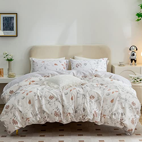 ERZRGA Floral Duvet Cover King Size Chic White King Duvet Cover Gorgeous Farmhouse Style 100% Cotton Breathable All Season Bedding Set with Zipper Closure & Corner Ties