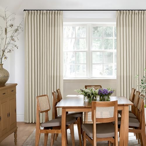 Image of TWODRAPES 108 Inch Linen Curtains 2 Panels Set Pinch Pleated Living Room Bedroom Memory Training Shaped Semi Sheer Neutral Beige Tan Flax Burlap Pleat Drapes Hooks Rings Light Filtering Window Curtain