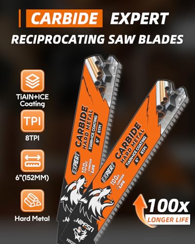 Image of Expert Reciprocating Saw Blade 3 Pack, 6 Inch 8TPI Carbide Sawzall Blades for Stainless Steel, Hardened Steel, Iron, Screws, Metal Pipe, Thick Steel Plate, Rebar, Angle Steel