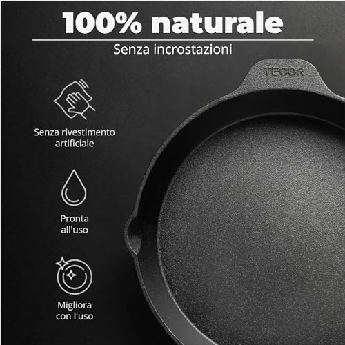 Tecor Padella Ghisa Induzione 32 Cm Non Levigata - Naturalmente Antiaderente E Universale Per Tutte Le Fonti Di Calore - Durevole E Versatile Per Cuochi Amatoriali E Professionisti - Cast Iron Pan - 4