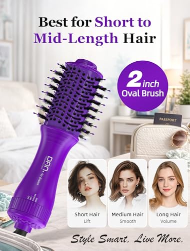 Image of Mini Travel Ceramic Blow Dryer Brush for Short to Medium Hair, 2 Inch Oval Styling Hot Air Brush with 3 Heat Settings, Lightweight Volumizing & Smoothing Tool, 120V, Purple