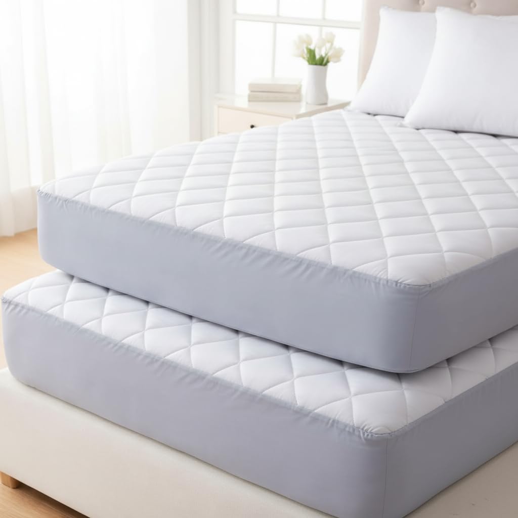 Pack of 2 Quilted Double Mattress Protector 30cm Extra Deep Fitted Soft Microfiber Hotel Quality Breathable Anti Allergy Mattress Cover for Comfortable Sleep (137x190cm, White)