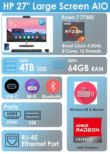Image of Customized HP 27 inch Touch-Screen All-in-One PC, AMD Ryzen 7 7730U(Outperforms Core-i7-1355u), 8GB / 16GB / 32GB / 64GB RAM, 512GB / 1TB / 2TB SSD, Anti-Glare FHD Display,HDMI, Wireless KB&M, Win 11