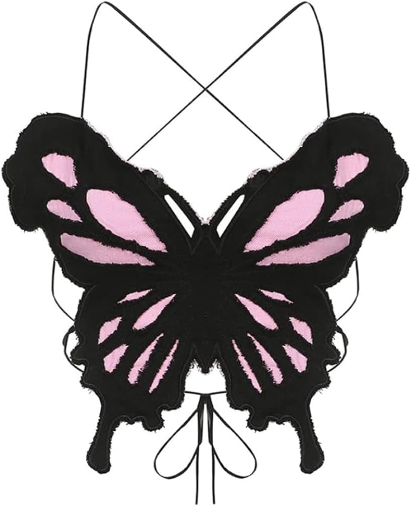 Women's Y2k Denim Butterfly Halter Crop Top Sexy Lace Up Backless Camisole Jean Tube Vest Top Rave Outfits