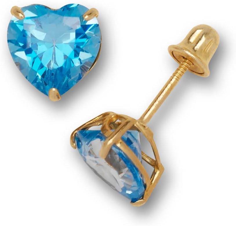 Jewelryweb Solid 14K Yellow Gold 6mm Heart-shaped Cubic Zircornia Birthday Basket-Set Solitaire Screw-back Stud Earrings (12 colors)