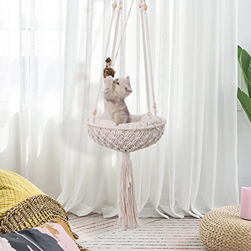 Xree Macrame Cat Hammock, Handwoven Hanging Cat Bed, Boho Cat Swing With Hanging Kit For Kitten Sleeping Climbing Playing Home Decor Indoor Cat Window Perch Wall Hanging Cat Hammock Bed #TOP4