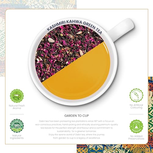 Image of Dabri Kashmiri Kahwa Green Tea 32 Pyramid Dip Tea Bags|Natural Ingredients & Original Flavour of kesar|Blended with Saffron, Almonds, Spices|Fastens Metabolism, Improves Digestion & Blood Circulation