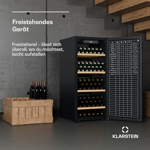 Klarstein CellarMax Weinkühlschrank Freistehend - 114 Flaschen, 5-20 °C, Touch-Bedienung, Metalltür, Alarm, 1 Zone, Holzregale, Energieklasse E