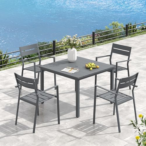 Image of VICLLAX Square Patio Dining Table for 4, Outdoor Patio Table with Umbrella Hole for Garden Lawn Deck Backyard, Dark Grey Tabletop