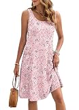 AUSELILY Sommerkleid Damen Ärmellose Knielang Kleid Sommer Lässige Strandkleid Damen Leichte Swing Tankkleid mit Taschen Blumiges Rosa M