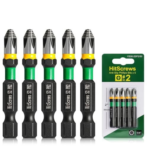 HitScrews 2 Anti-Slip Phillips Impact Bits #2 S2 Steel Screwdriver Bits 360 Laser-Etched Magnetic Driver PH2 Bit CNC Precision 1/4 Hex Shank Furniture Carpentry & Everyday Fastening | 5 Pack