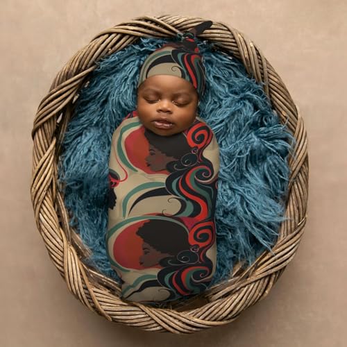 Image of Art Black African American Woman Newborn Swaddle Blankets Hat Sets Soft Baby Receiving Blanket Swaddle Sack for Baby Shower Infant Boy Girl Gift