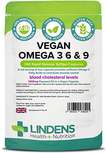 Lindens Vegetarian Omega 3 6 & 9 Flaxseed 1000mg Capsules | 360 Pack | Specially Formulated for Vegans & Vegetarians Contributes to The Maintenance of Normal Blood Cholesterol Levels