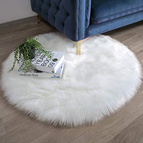 Ashler Faux Fur White Round Area Rug Indoor Ultra Soft Fluffy Bedroom Floor