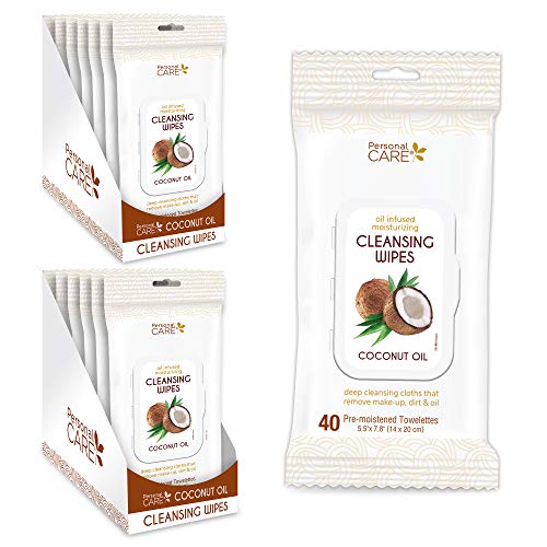 Personal Care Coconut Oil Cleansing Wipes, Makeup Remover and Facial Cleanser for Sensitive Skin, Gentle Exfoliating, Convenient Travel Size, Bulk Value Pack (12 Packs, 40ct 480 Total Wipes)