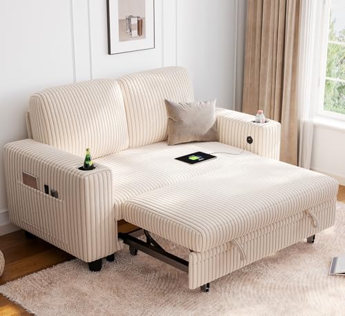 Image of LINSY HOME Loveseat Sofa with Pull Out Couch Chaise: 2-in-1 Convertible 2 Seater Sofa with USB Charging & Cup Holders, Comfy Plush Corduroy Love Seat for Small Spaces Living Room Apartment, Beige