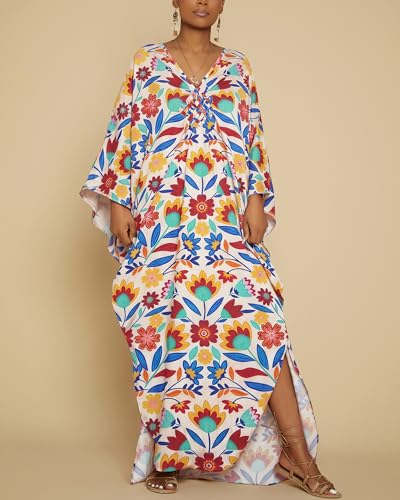 Image of Bsubseach Women Floral Print Kaftan Dresses Plus Size Bathing Suit Cover Up Moo Moos Caftan Beach Dress for Swimwear Summer