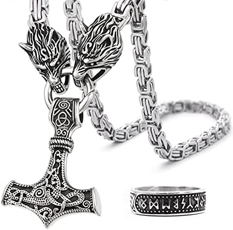BAVIPOWER Viking Mjolnir Necklace For Men With Wolf Head Chain, Stainless Steel Thors Hammer Necklace Pendant Norse Pagan Jewelry (Square Byzantine Chain, 20)