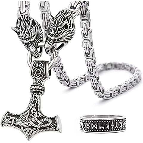 BAVIPOWER Viking Mjolnir Necklace For Men With Wolf Head Chain, Stainless Steel Thors Hammer Necklace Pendant Norse Pagan Jewelry (Square Byzantine Chain, 28) Cover