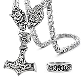 BAVIPOWER Viking Mjolnir Necklace For Men With Wolf Head Chain, Stainless Steel Thors Hammer Necklac