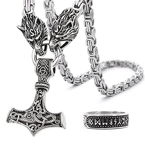 Bavipower Viking Mjolnir Necklace For Men With Wolf Head Chain, Stainless Steel Thors Hammer Necklace Pendant Norse Pagan Jewelry (Square Byzantine Chain, 20) #TOP9
