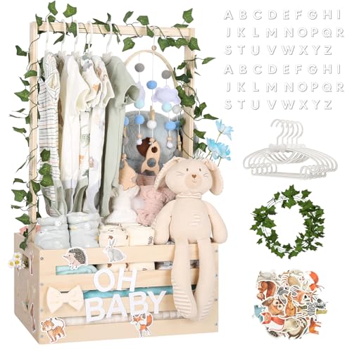Large Baby Shower Gifts Basket Wooden Crate, Personalized Wooden Letters Hangers New Born Baby Girl Boy Pregnancy Gifts for New Mom Parents Vine Decorations Cute Closet with Adjustable Handle