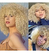 Amnenl Blonde Curly Wig Afro Kinky Curly Wigs with Bangs Medium Length Kinkys Curly Wig Heat Resi...