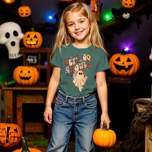 Girls Halloween T-Shirt Lets Go Ghouls Ghost Shirts Spooky Season Kids Graphic Tee Short Sleeve Tops 5-10 Years4