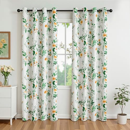 Image of MYSKY HOME Sage Green Floral Blackout Curtains 84 inch Long 2 Panels for Living Room Bedroom Summer Flower Patterned Room Darkening Light Blocking Grommet Window Drapes, 52 inch W, Yellow and Green