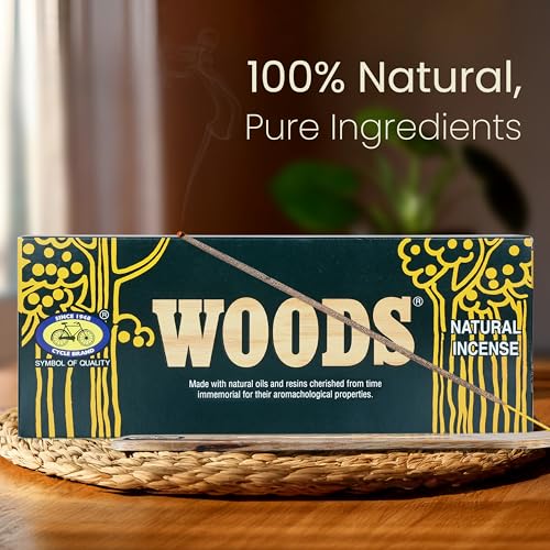 Image of Cycle Pure Woods Natural Incense Sticks (9 Inch) with Ash Catcher | Agarbatti with Wooden Stand | Woody, Sandal, Resin, Masala, Amber, Natural Fragrance for Puja Rituals & Meditation | 130gm Pack of 1