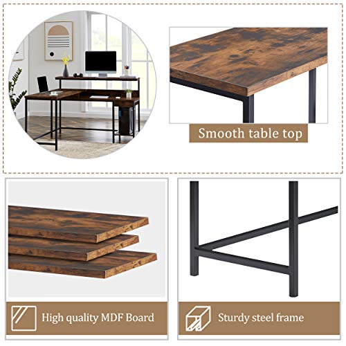 Merax L-Shaped Computer Monitor Shelf And Cpu Stand, Industrial Corner Office Study Large Workstation Desk Table, 55.9" L X 55.1" W X 38" H, Tiger #TOP6