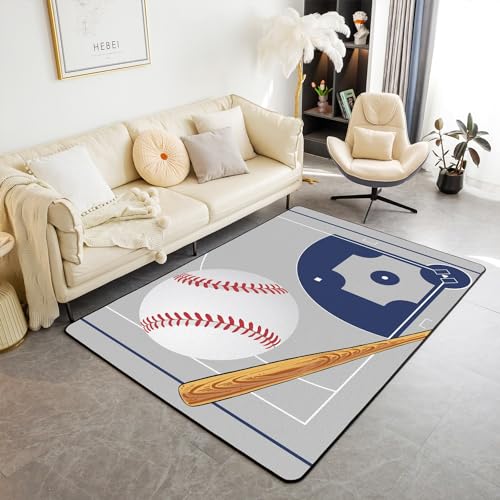 Castle Fairy Boys Baseball Theme Area Rug 3'x5'x0.39'', Retro Club Hand Drawn Field Indoor Floor Mat for Playroom Bedside Sofa Bedroom, Kids Teens Sports Theme Non Slip Decorative Rug