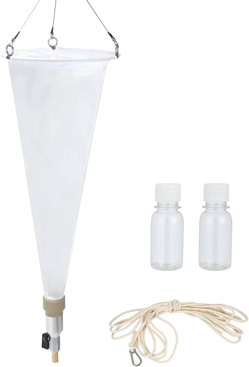 Plankton net; Water Quality Test Freshwater and Marine Aquatic Organisms Collection net; Equipped with 2 PE Bottles, 5 Meters of Cotton Rope (White)