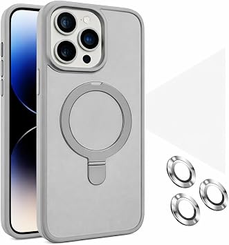 Coverzone iPhone 14 Pro ile Uyumlu Mat Transparan PhaqntomRing MagSafe Destekli Standlı Kılıf, Kamera Lens Hediyeli Darbe Emici Şık Tasarım Titanyum
