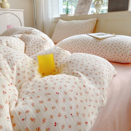 Musselin Bettwäsche 135x200 Baumwolle Mädchen Weiß  Rosa Blumen Kirschen – Ansicht 4