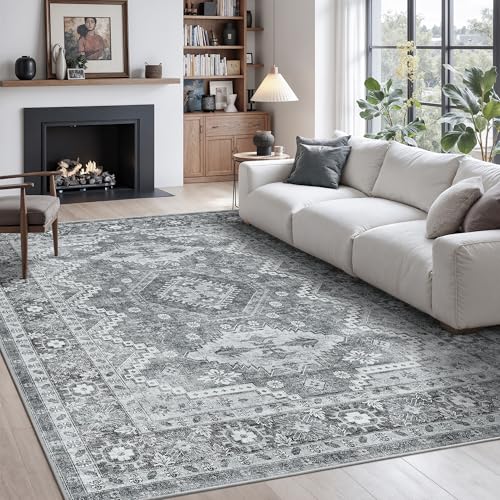 Rugland 3x5 Rug - Stain Resistant Washable Rug, Anti Slip Backing Rugs for Living Room, Vintage Tribal Area Rugs (TPR07-Grey, 3'x5')