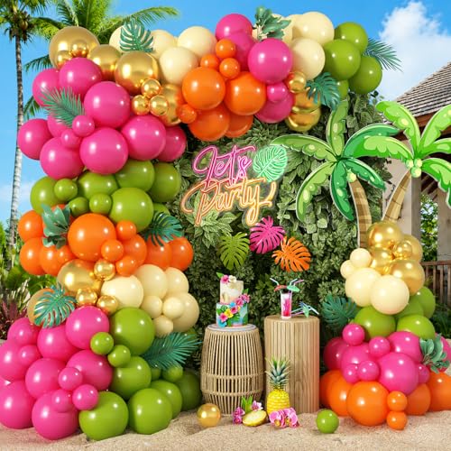 Image of Tropical Hawaiian Balloons Arch Garland Kit, Olive Green Hot Pink Orange Yellow Metallic Gold Balloons for Kids Hawaii Summer Beach Luau Aloha Pool Birthday Flamingo Theme Baby Shower Party Decoration