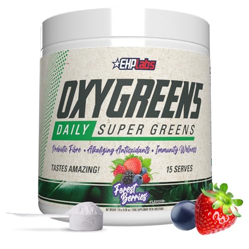 EHP Labs OxyGreens Super Greens Powder with Spirulina & Chlorella Prebiotic Fiber Probiotics & Digestive Enzymes Antioxidant Green Superfood Supplement - 15 Servings (Forest Berries)