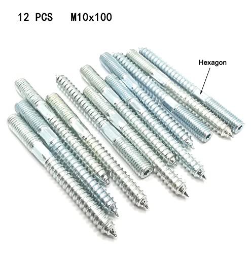 Image of Hanger Bolt M10x100 Silvery Double Headed Bolt Self-Tapping Screw with Hexagon for Furniture 12Pcs