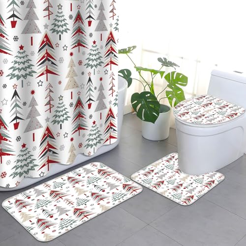 APROPHIC Juego de Cortinas de Ducha Navideñas de 4 Piezas Juego de Cortinas de Ducha de árbol de Navidad con Cortina de Ducha y Alfombra, Tapa de Inodoro y Alfombra en Forma de U, 72x72 Pulgadas