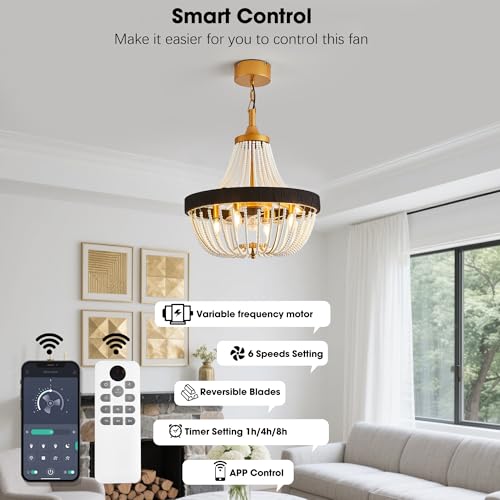 LVYEAYOU 20“ Rustic Beaded Chandelier Ceiling Fan with Lights, Remote & App Control, 6 Speed, 8-Lights Boho Fandelier, for Bedroom, Dining Room (Luxury Gold) by LVYEAYOU - Used condition - Image 2