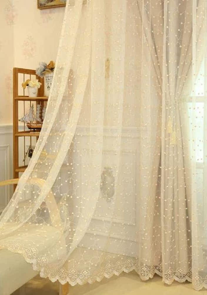 HooHero Beige Countryside Style Elegant Design Sheer Curtains Window Treatments Rod Pocket Top for Kids Nursery Room Embroidered Voile
